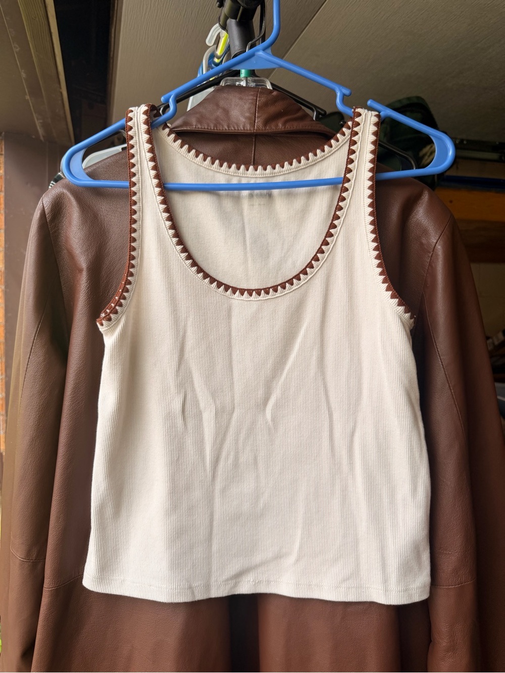 Old Navy Cream Ribbed Tank with Brown Zigzag Trim